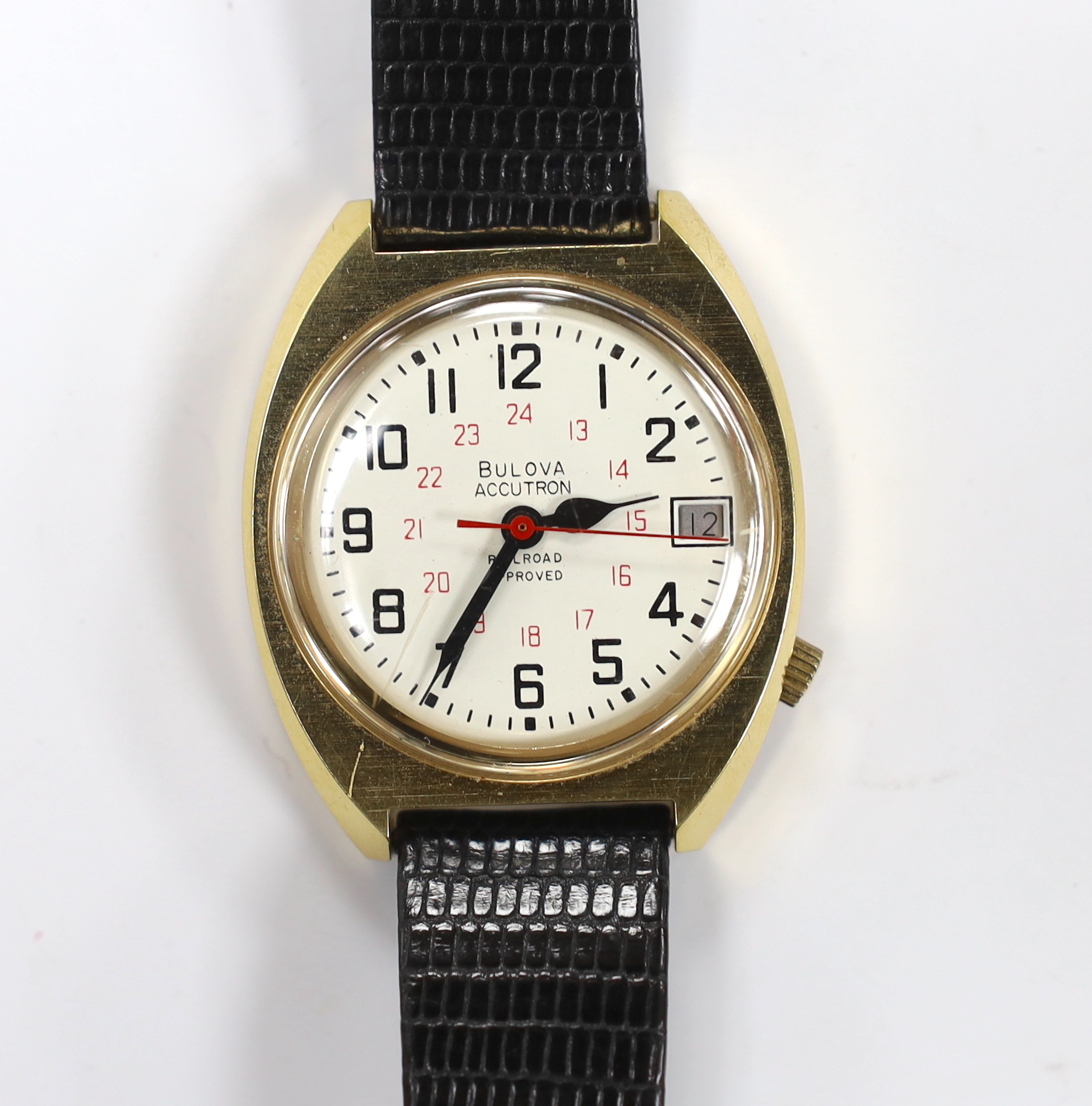 A gentleman's steel and 14kt gold filled Bulova Accutron All Road Approved, on a Baume & Mercier strap, case diameter 35mm.